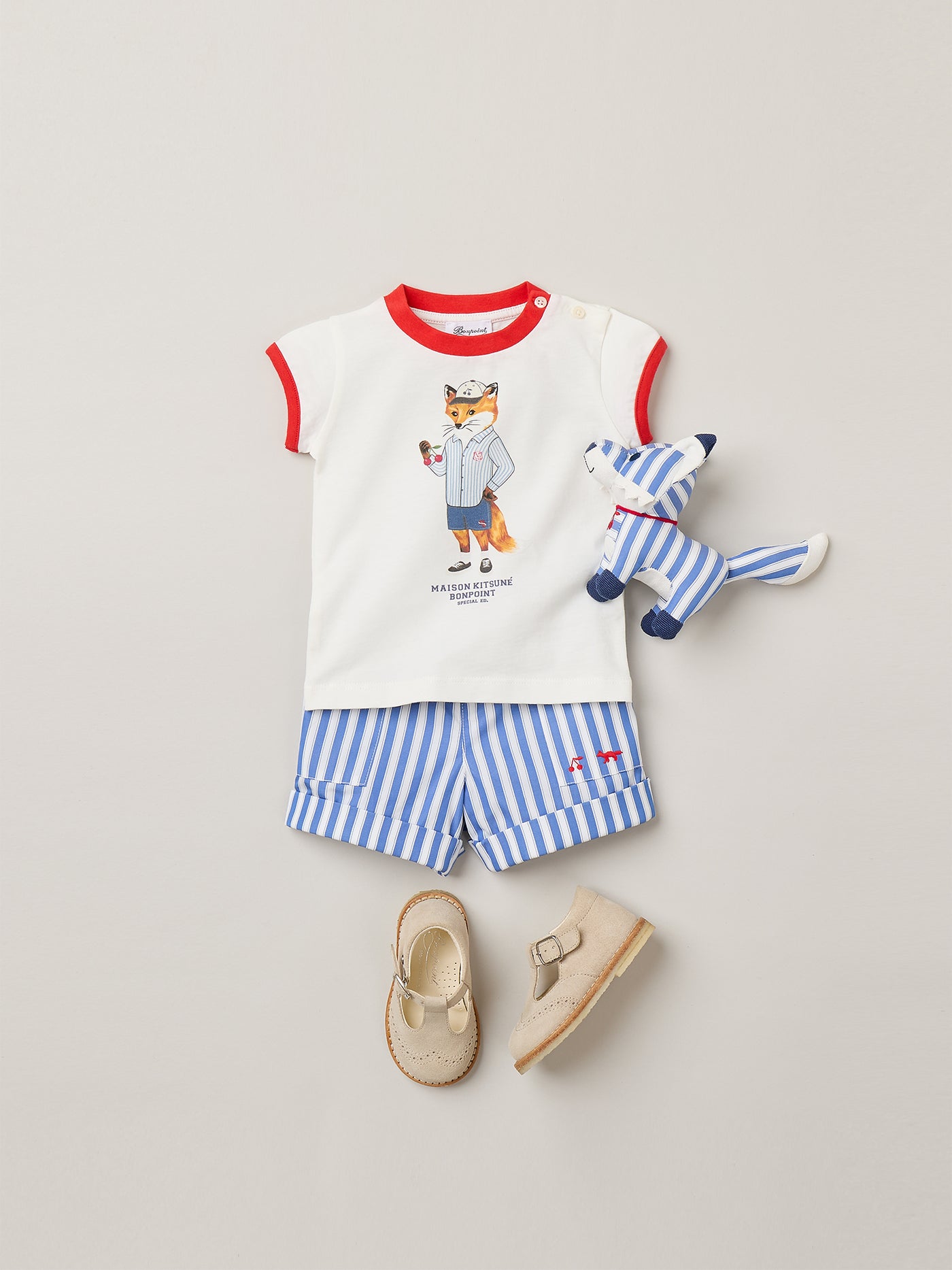 Look Bébé garçon Bonpoint x Maison Kitsuné - T-shirt imprimé et short rayé en coton biologique