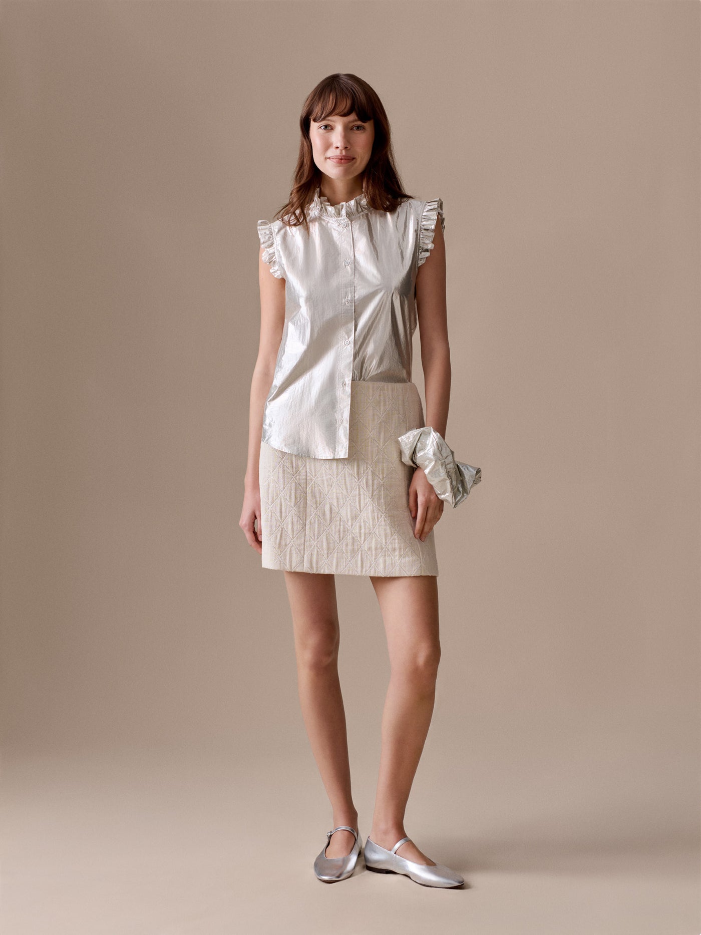 Look Femme Eté 2026 - Blouse en lurex argenté