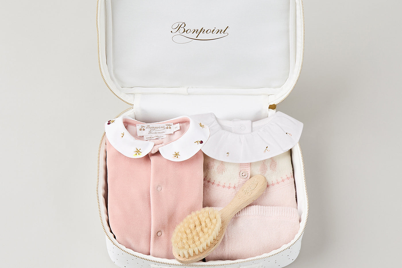 Medium newborn suitcase for girls - Cashmere and pink velour
