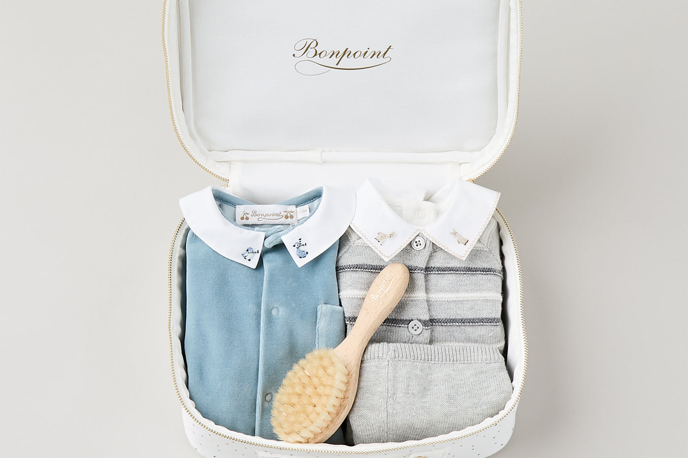 Medium newborn suitcase for boys - Wool and blue velour