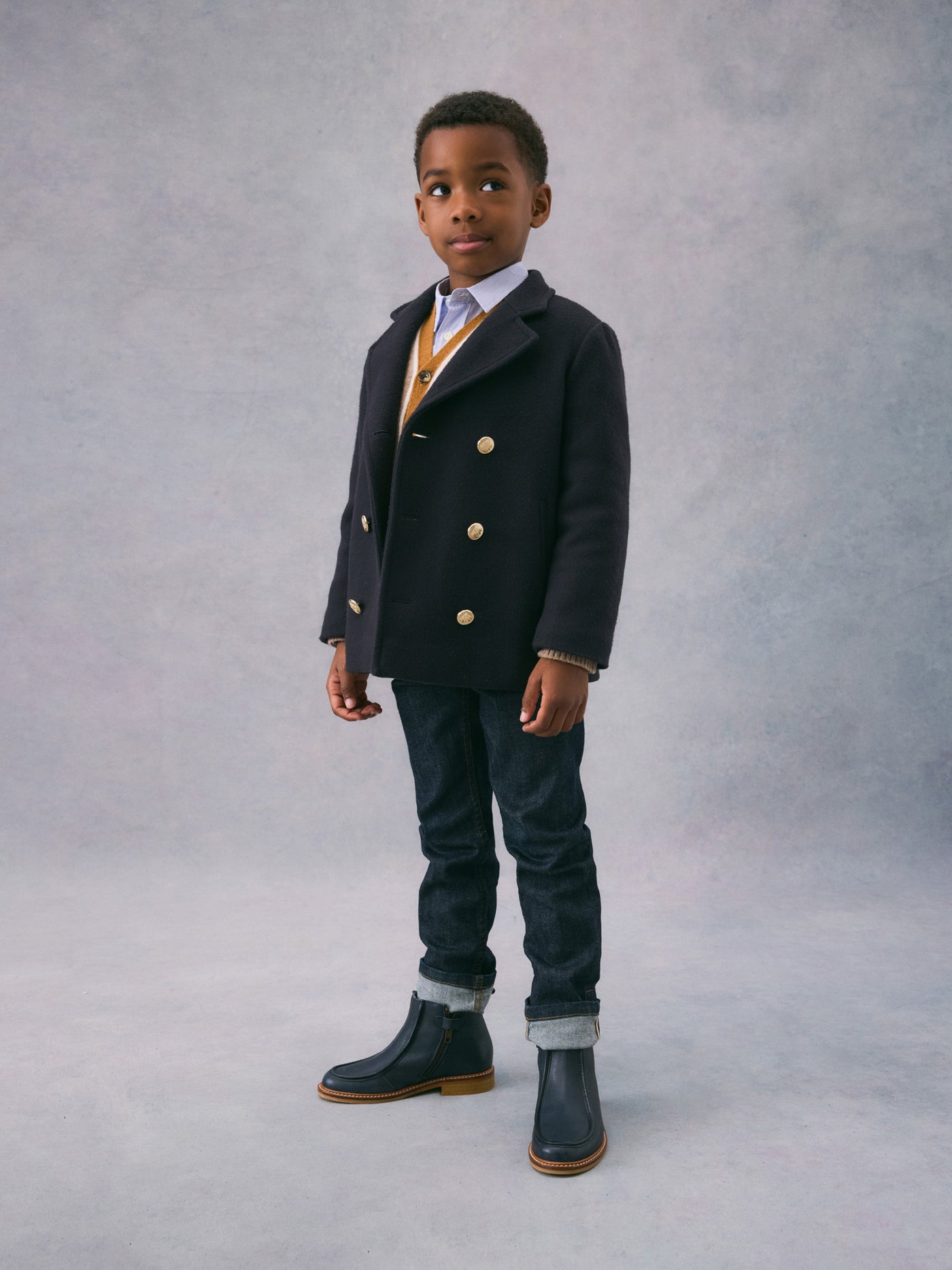 Winter 2024 boy's look navy blue peacoat