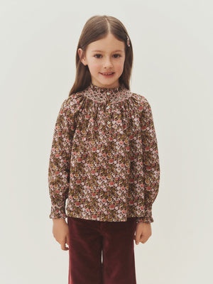 Pétale-Bluse aus Liberty-Stoff gesmokt und handbestickt Bio-Baumwolle