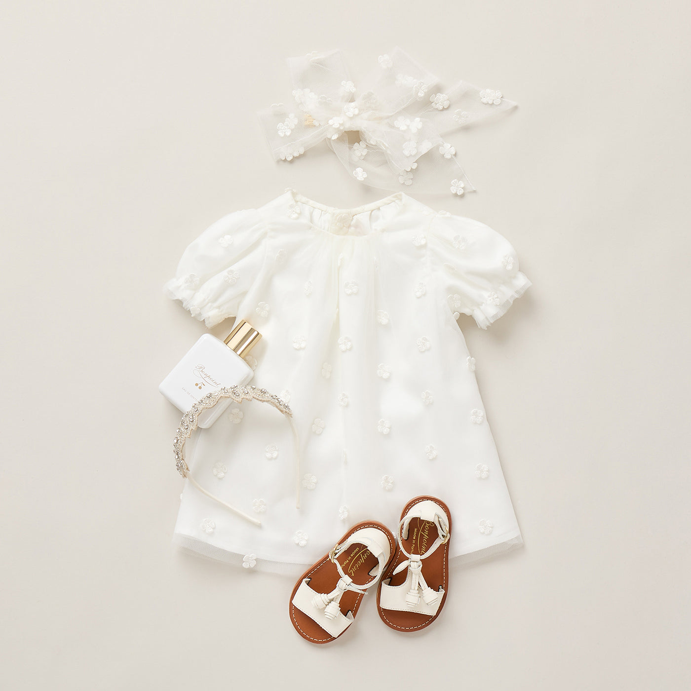 Baby Girl Summer 2026 Ceremony Look - Tulle dress adorned with embroidered flowers