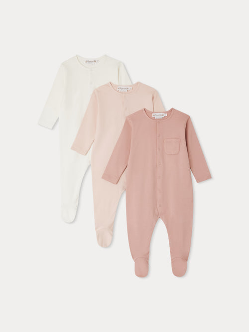Lot de 3 pyjamas Cosima à manches longues et pieds en coton biologique rose