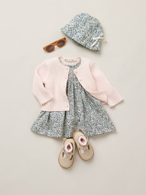 Abito Cadelili con smock e ricami fatti a mano in tessuto di cotone biologico Liberty