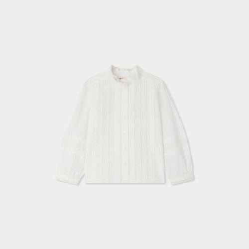 Camicetta Emelia in pizzo ricamato e pieghe religiose in cotone biologico