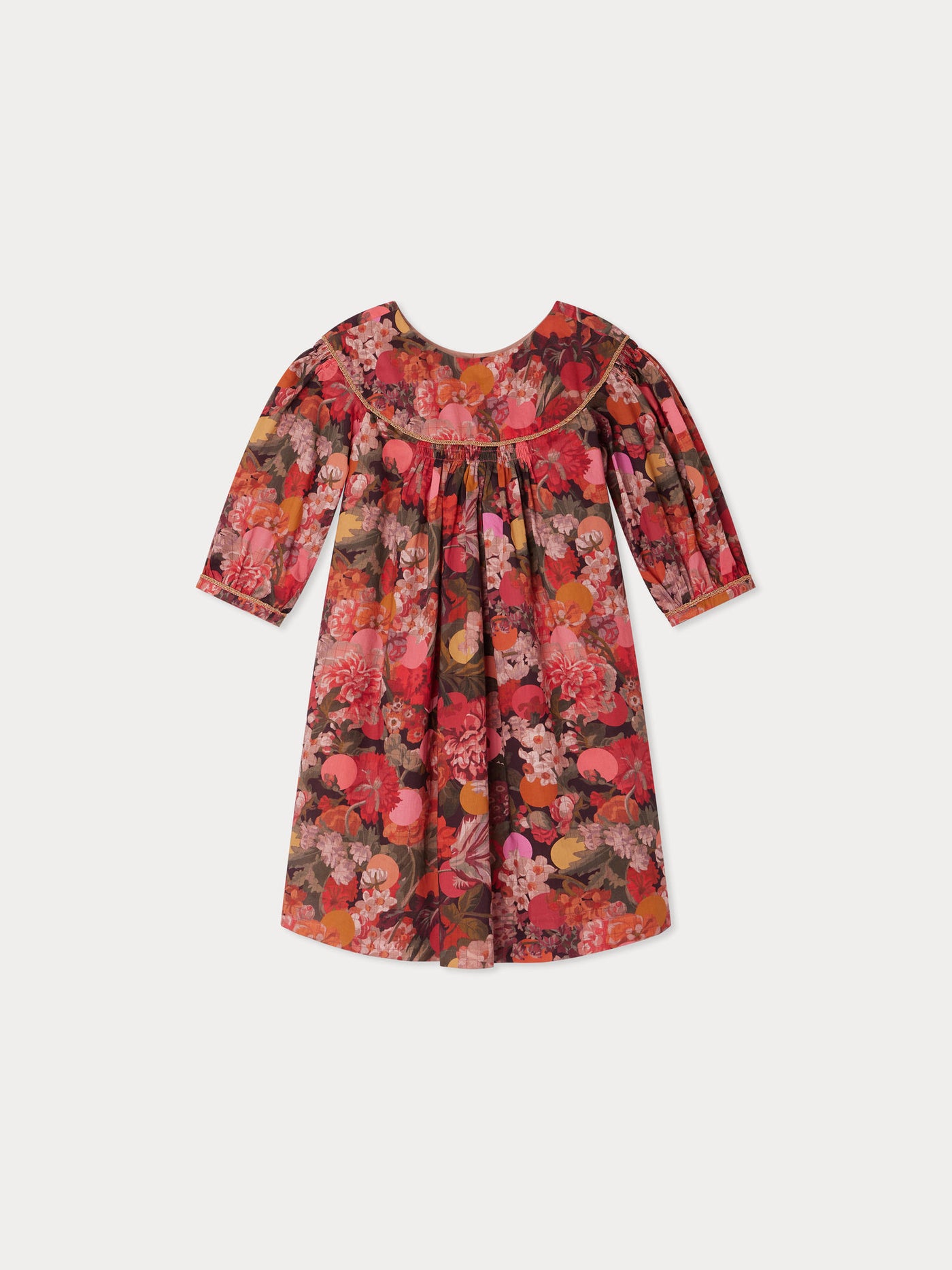 Josiane-Kleid mit goldener Paspelierung aus Liberty-Stoff aus Bio-Baumwolle
