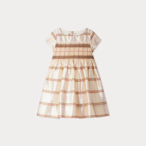 Abito Duchesse smock ricamato con filo di seta lurex