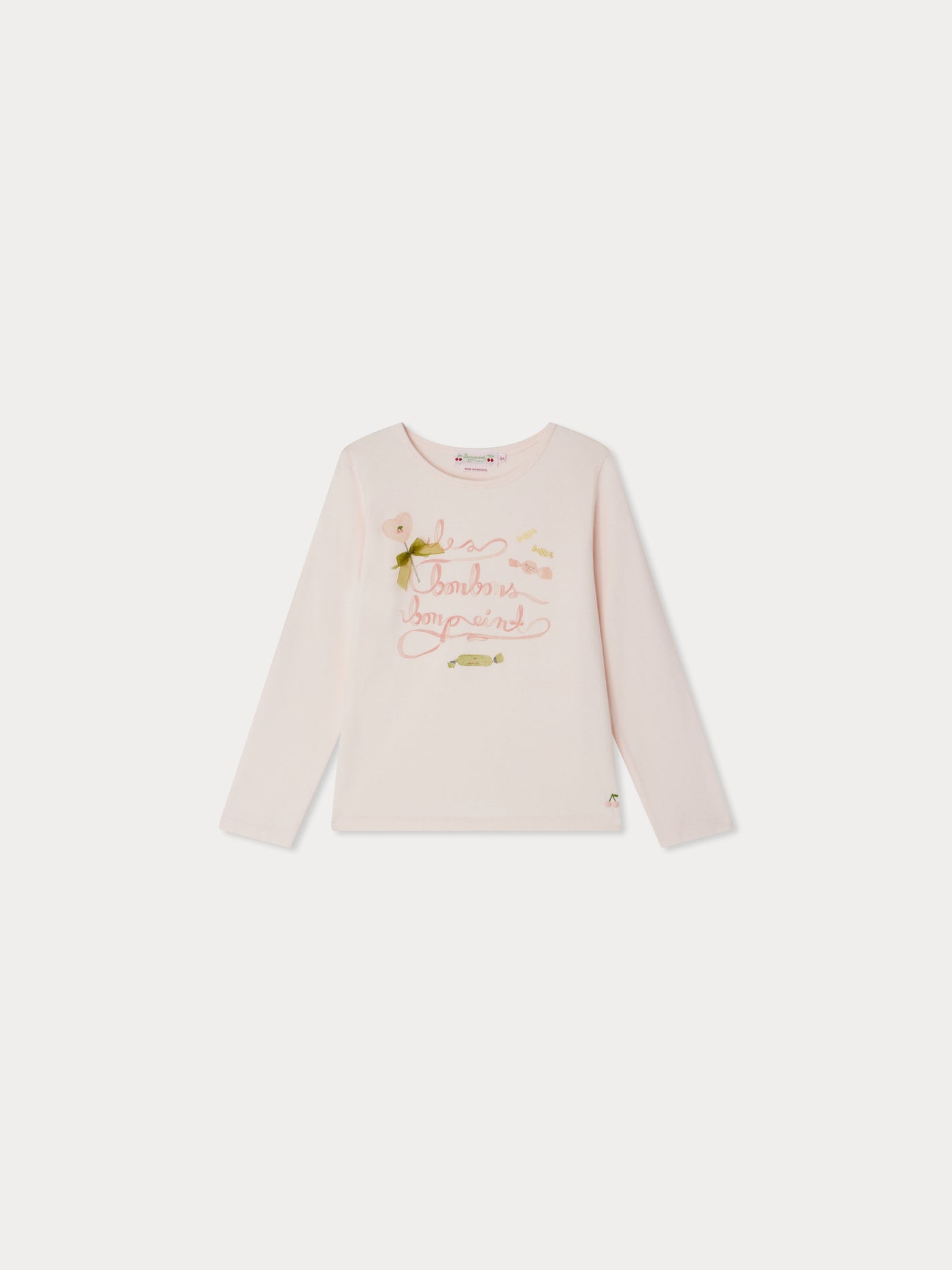 Tidjiane – Rosa T-Shirt mit Bonbon-Print, Schleife und gestickter Kirsche aus Bio-Baumwolle