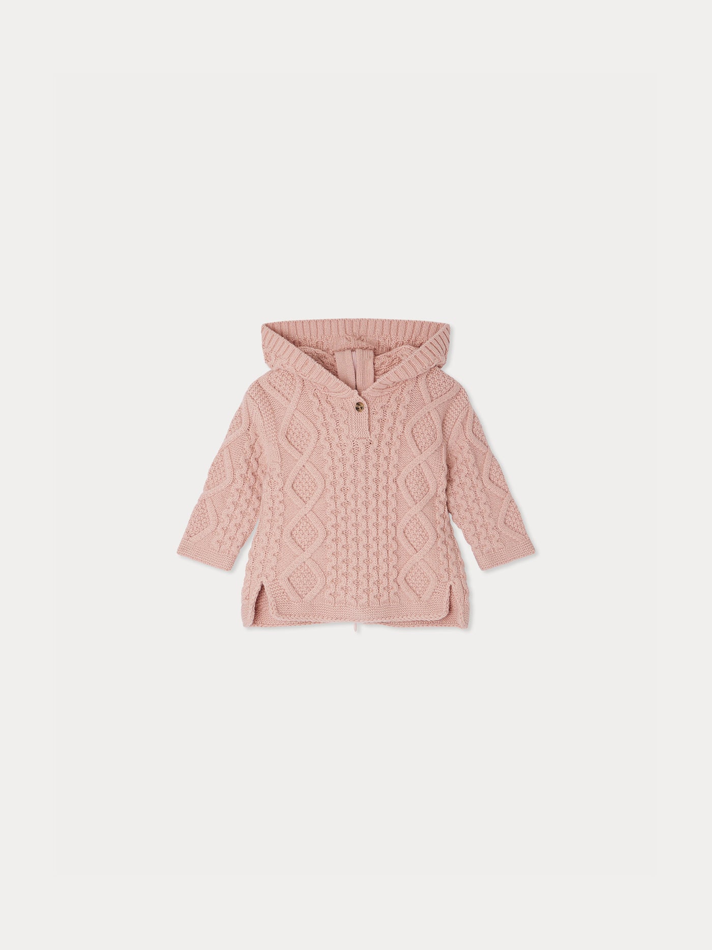 Burnou Tainy hooded jacket with a fancy pink wool knit