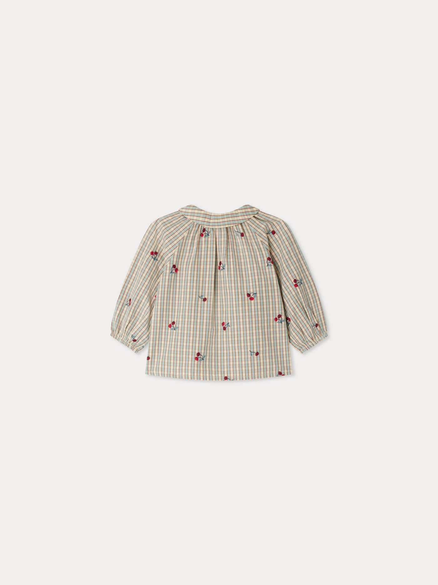 Domino plaid blouse embroidered with cherries in organic cotton