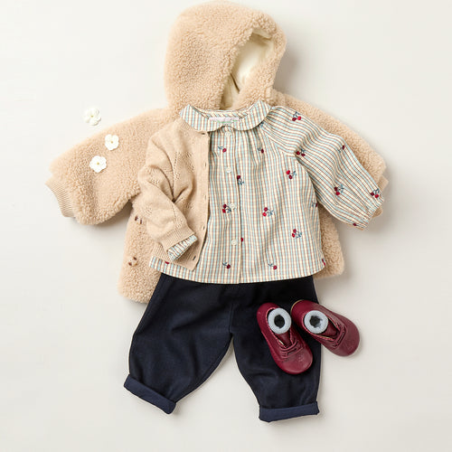 Domino plaid blouse embroidered with cherries in organic cotton