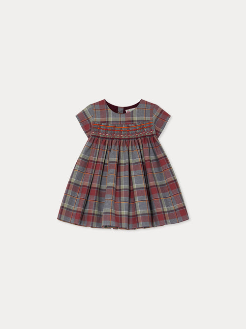 Marushka smocked and embroidered dress in burgundy checks