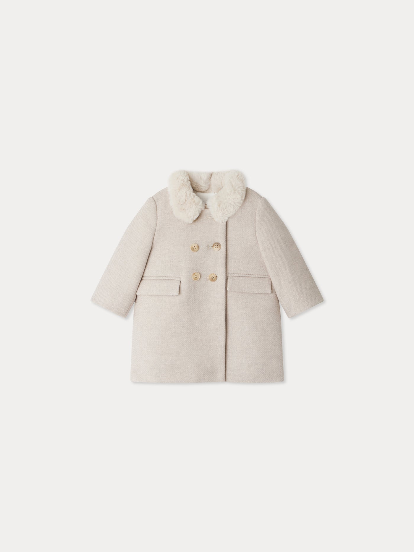 Cappotto in lana moka con collo in pelliccia sintetica