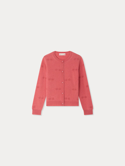 Manon himbeerfarbener Cardigan mit Kirschmotiv aus Kaschmir