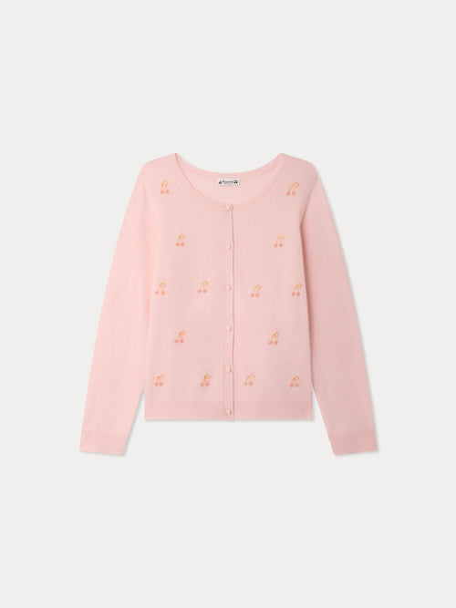 Cardigan Marisha Grown-Up rose cerises et perles brodées main en cachemire