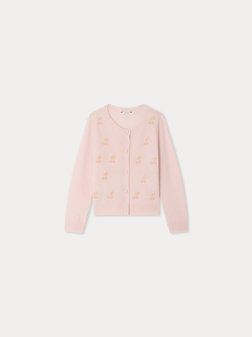 Cárdigan Marisha rosa con cerezas y perlas bordadas a mano de cachemir