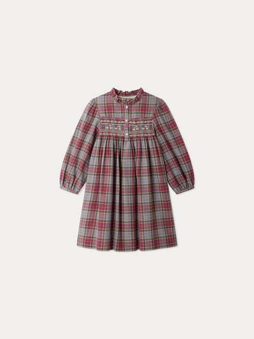 Robe Maddalina à carreaux smockée et brodée main