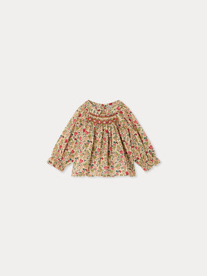 Pompom Baby-Bluse aus Liberty-Stoff gesmokt und handbestickt Bio-Baumwolle