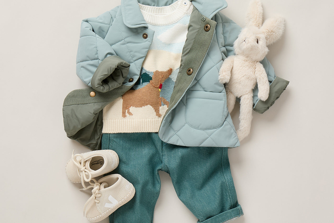 Baby boy summer 2026 look - Dog print sweater and quilted jacket