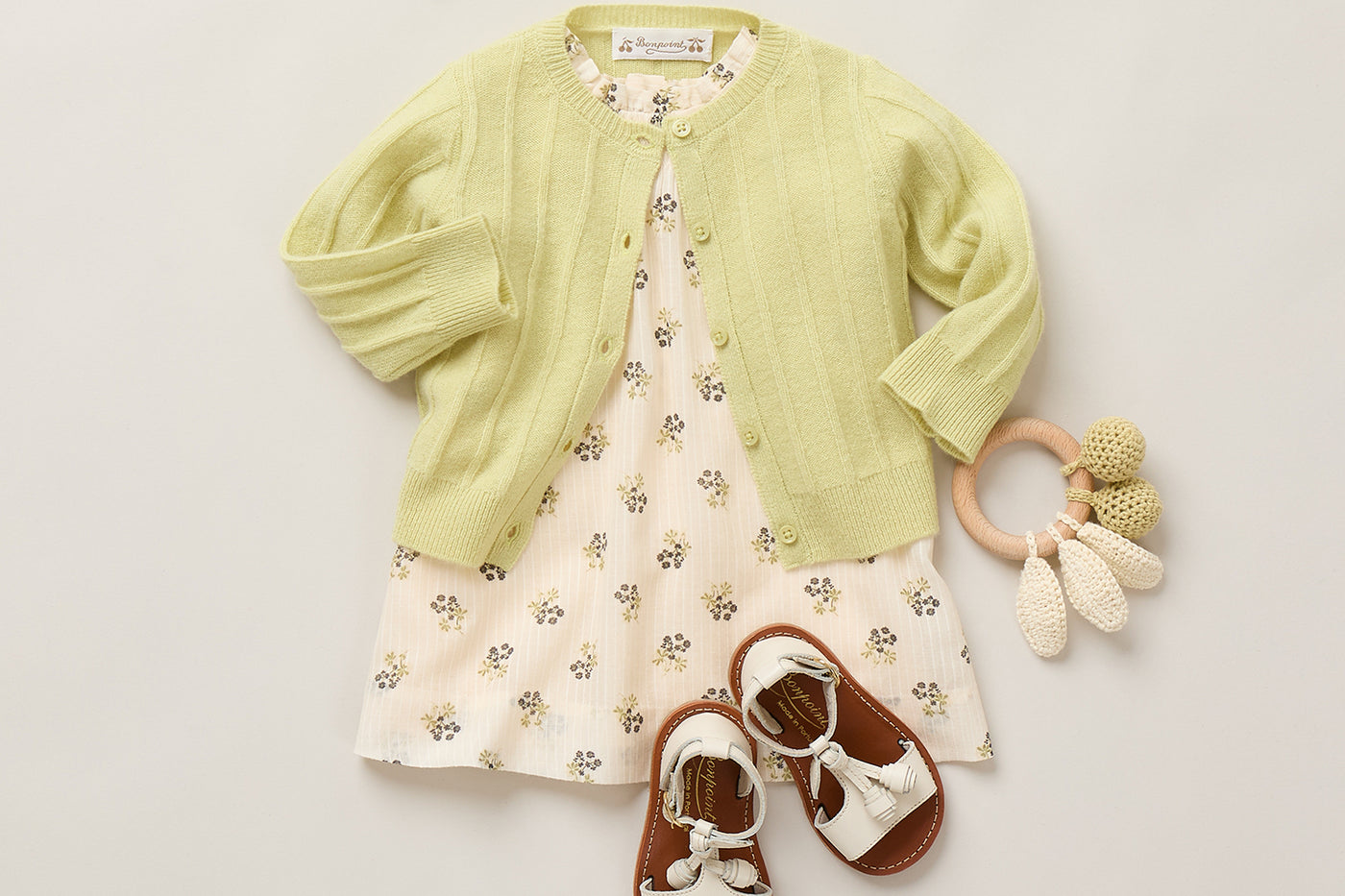 Baby girl summer 2026 look - Dress with ruffled sleeves and cashmere cardigan