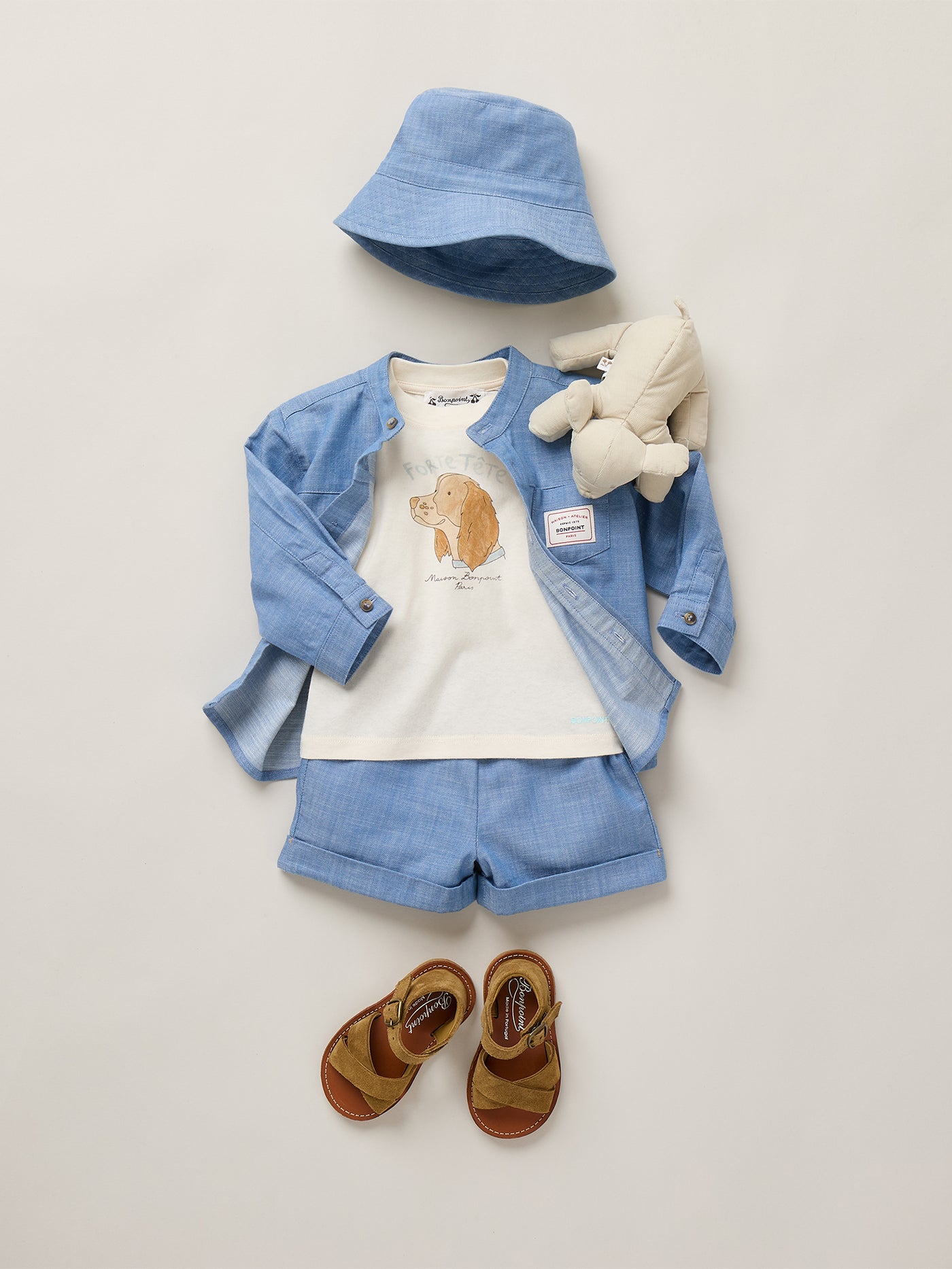 Look Bébé garçon Eté 2026 - Short et chemise en chambray bleus