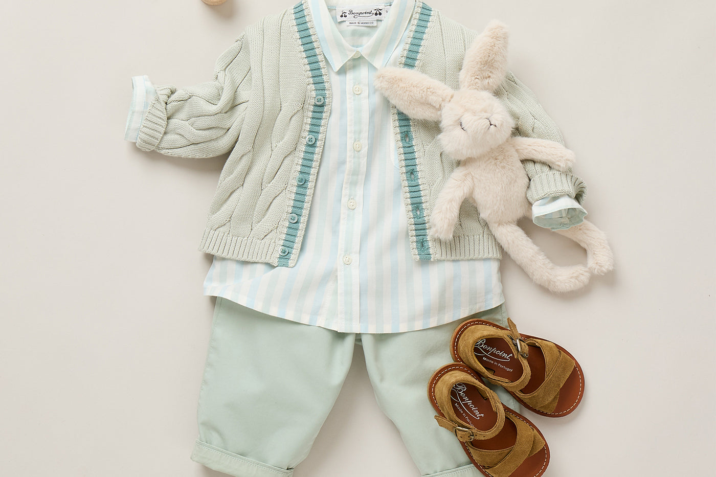 Baby Boy Summer 2026 Look - Light green pants and cable-knit cardigan