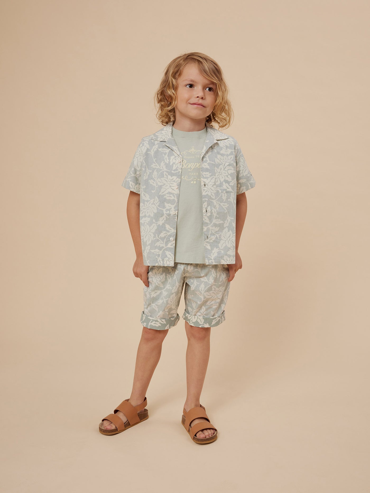 Summer 2024 boy's look celadon green shirt