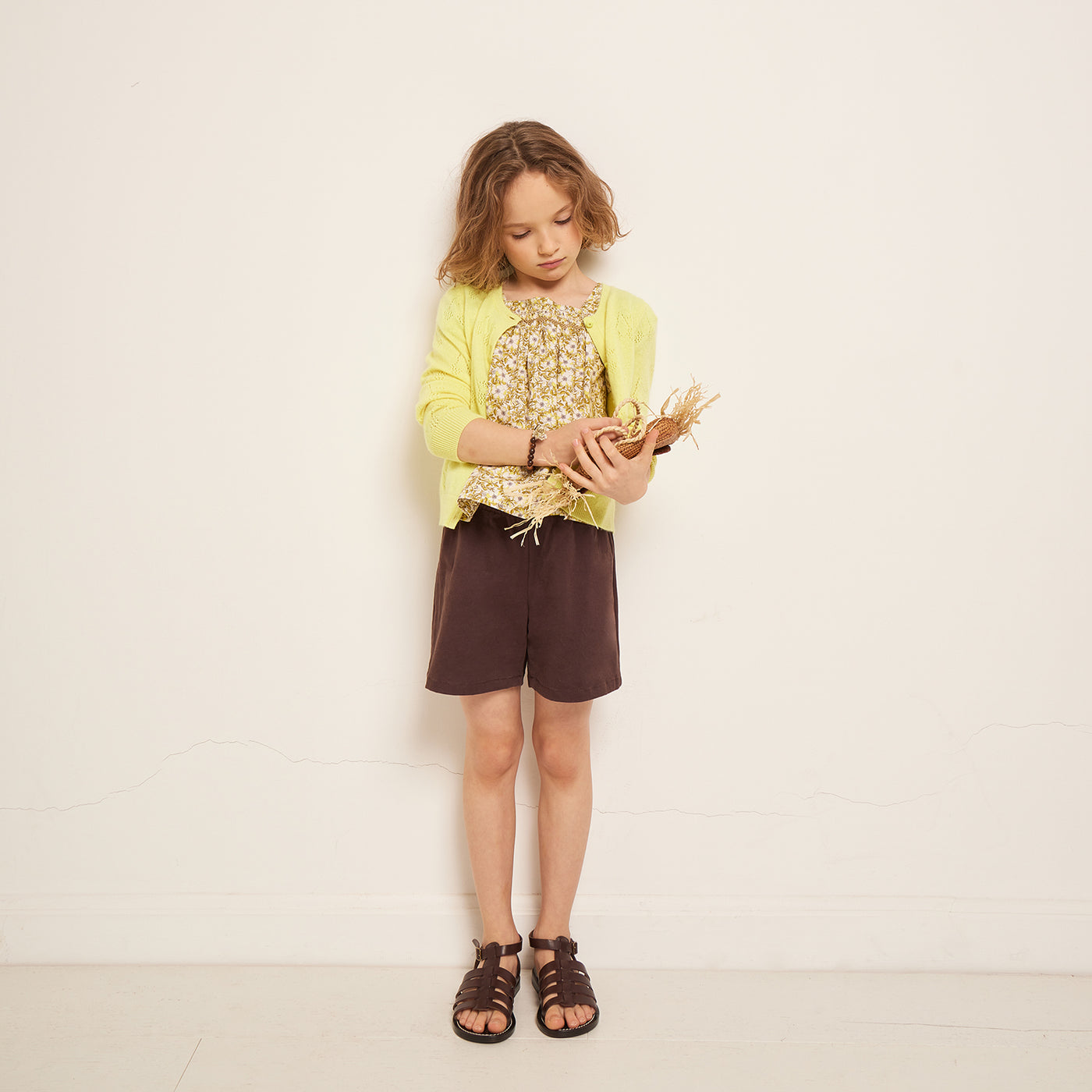 cruise collection girl brown short and yellow cardigan 
