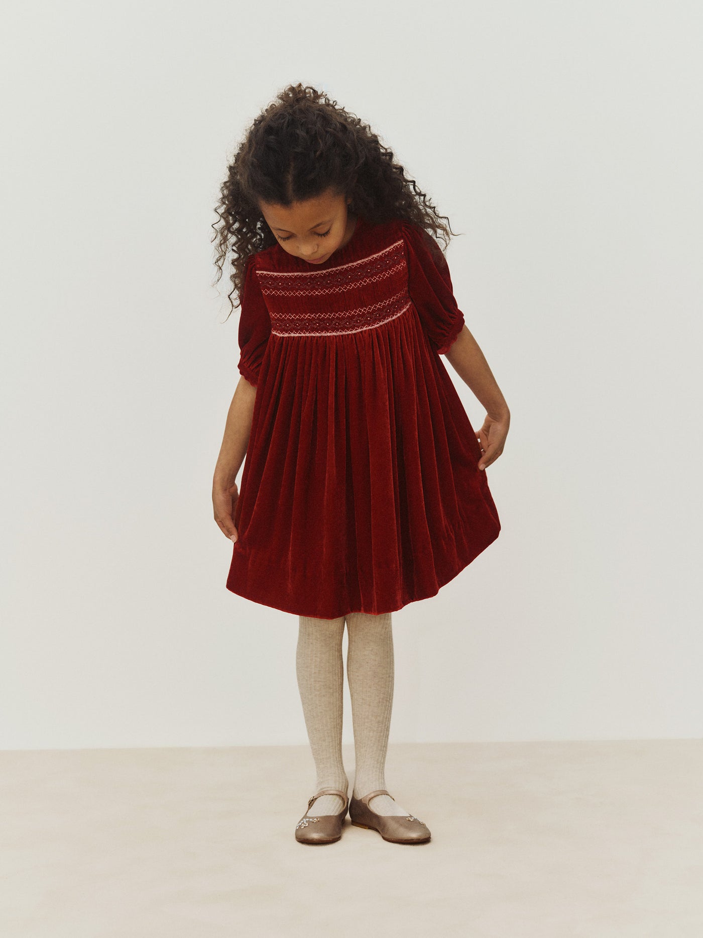 Mélodine smocked and hand-embroidered silk velvet dress