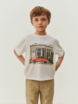 T-Shirt Eidan mit Werkstatt- und Auto-Druck aus Bio-Baumwolle