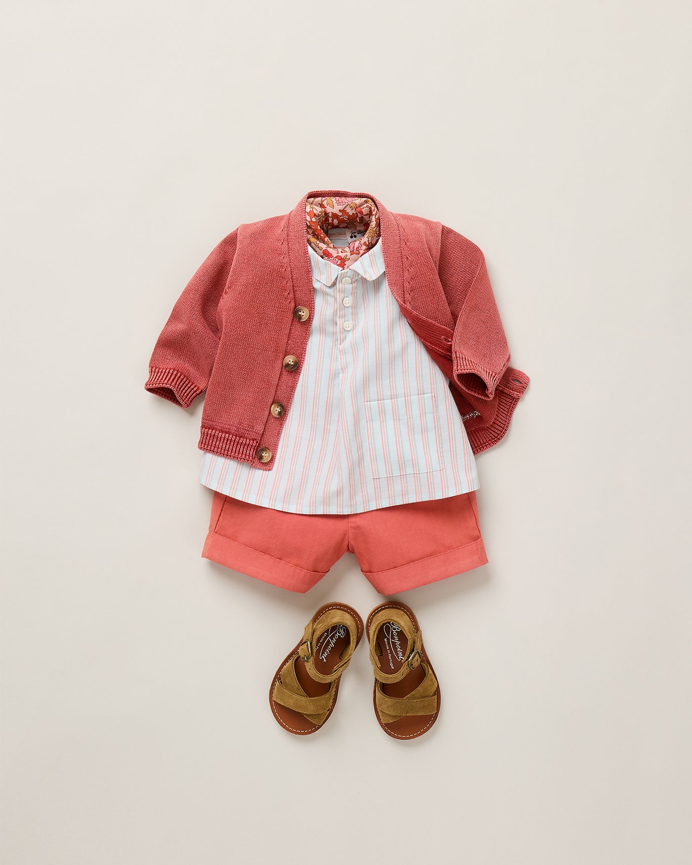 Baby boy look Summer 2026 - Red shorts and cardigan