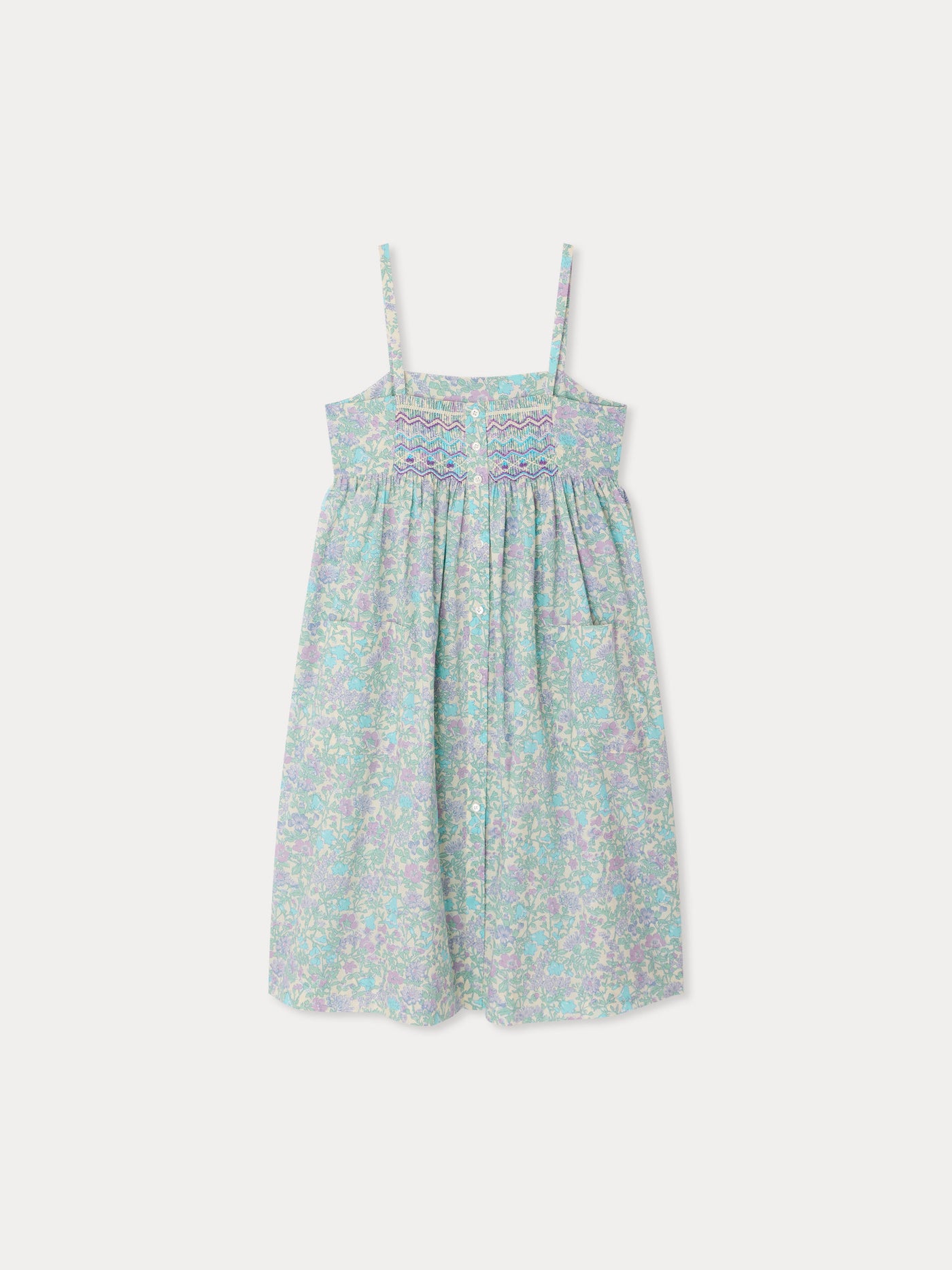 Abito Passion con smock e ricamo in tessuto Liberty in cotone biologico