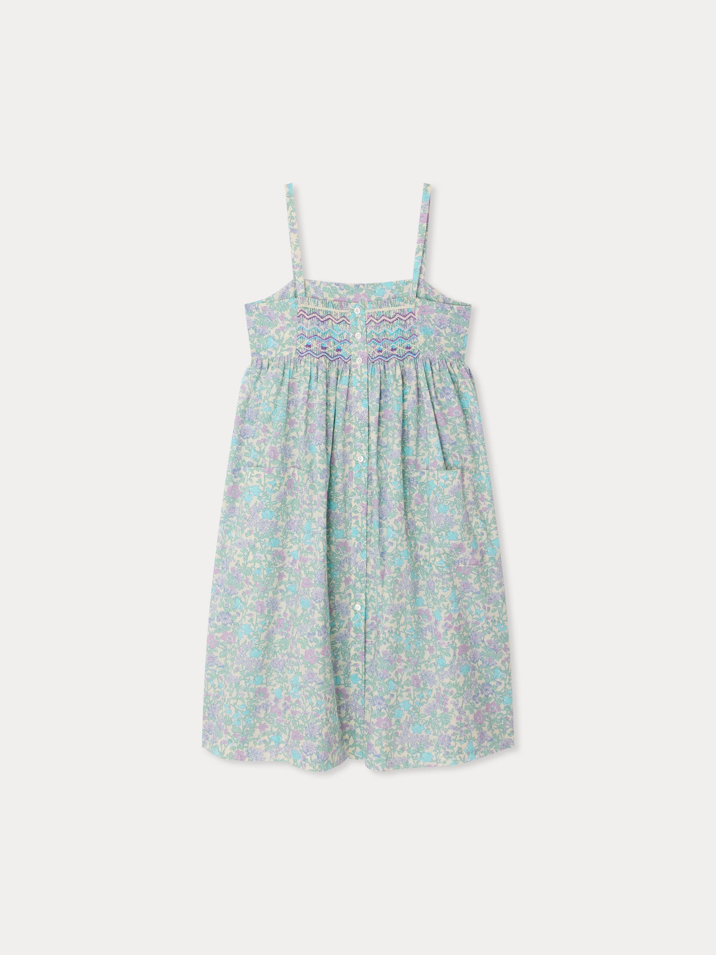 Abito Passion con smock e ricamo in tessuto Liberty in cotone biologico