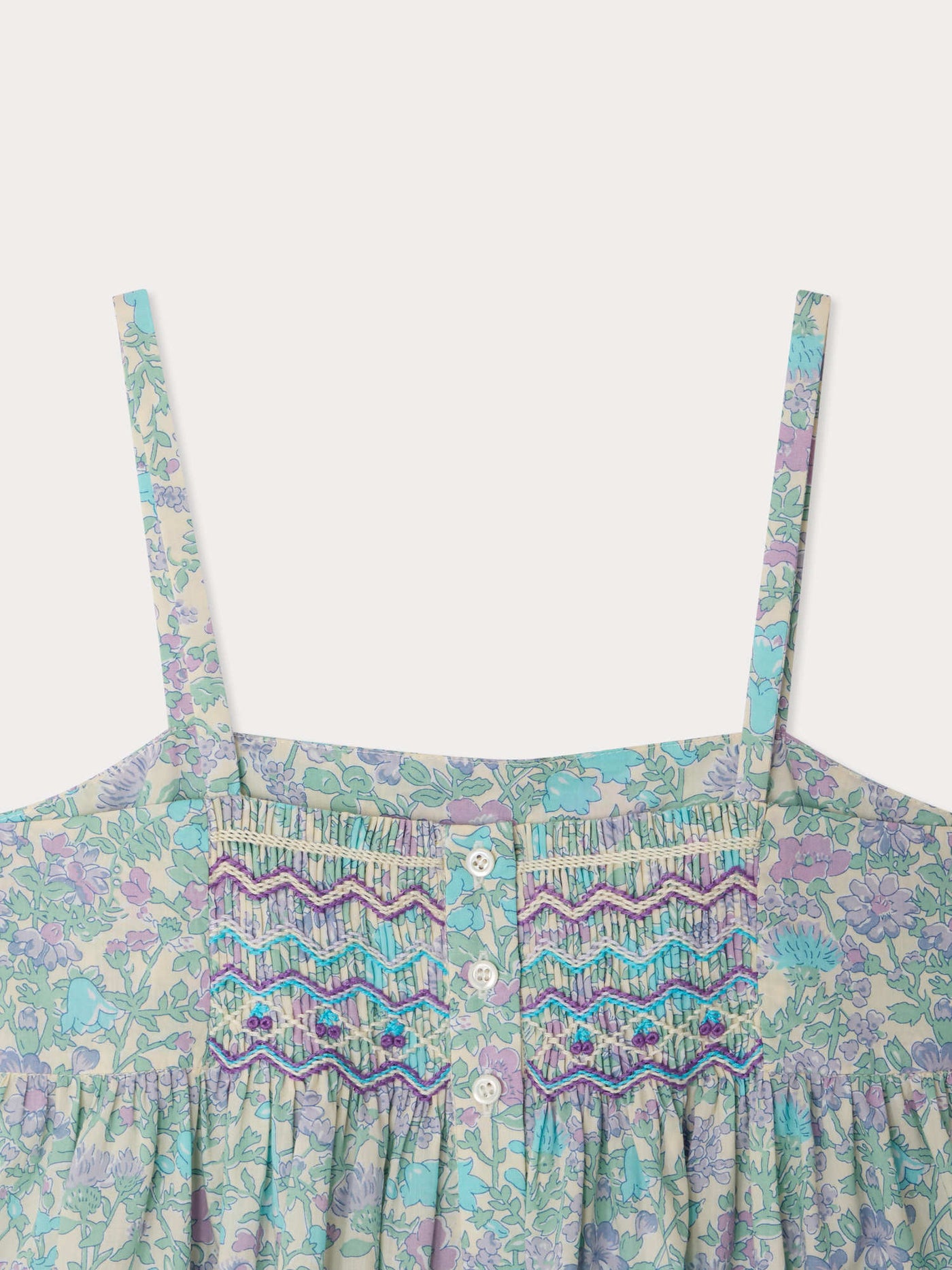 Abito Passion con smock e ricamo in tessuto Liberty in cotone biologico