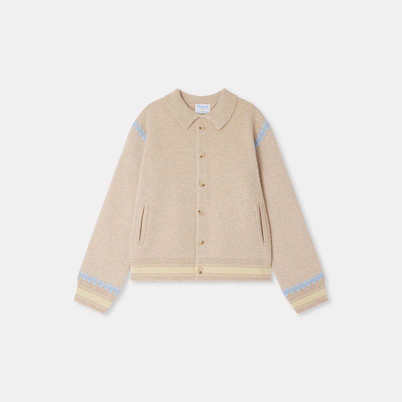 Cardigan misto Bonpoint x Guest in Residence Liberté con ricami a contrasto in cashmere color sabbia