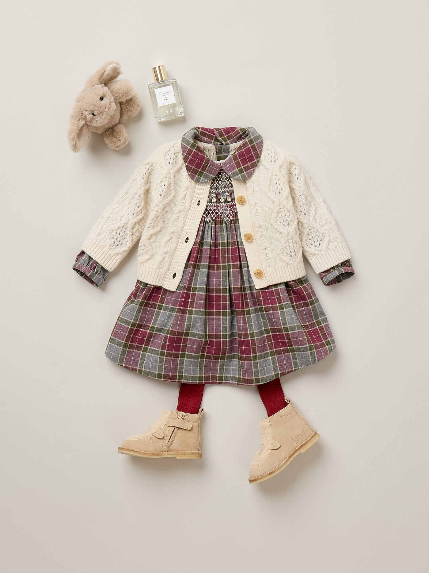 Robe bébé Mauve à carreaux avec col Claudine smockée et brodée main