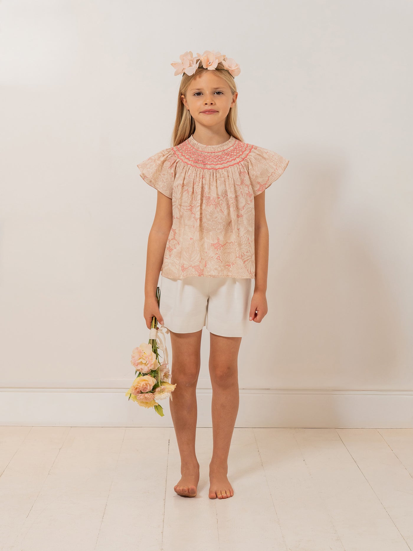 Adelice blouse smocked and hand-embroidered in Liberty organic cotton fabric