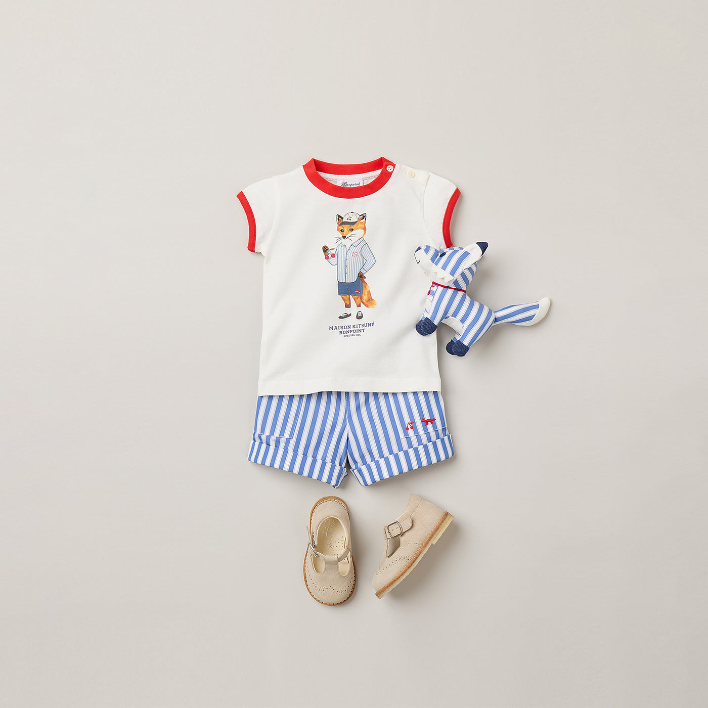 Look Bébé garçon Bonpoint x Maison Kitsuné - T-shirt imprimé et short rayé en coton biologique