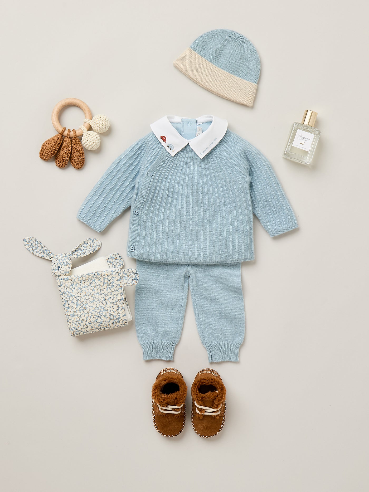 Set Ging blau mit Fantasie-Strickmuster aus Kaschmir