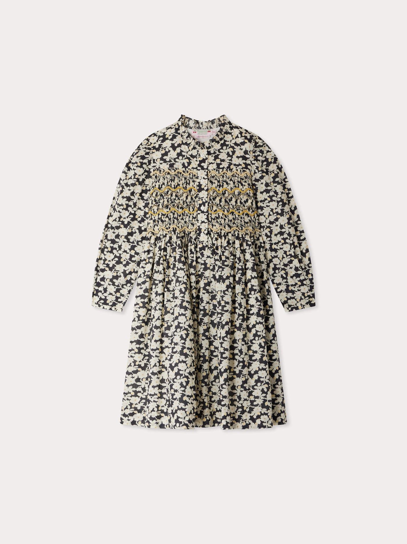 Abito Juliane ricamato e arricciato in tessuto Liberty in cotone biologico