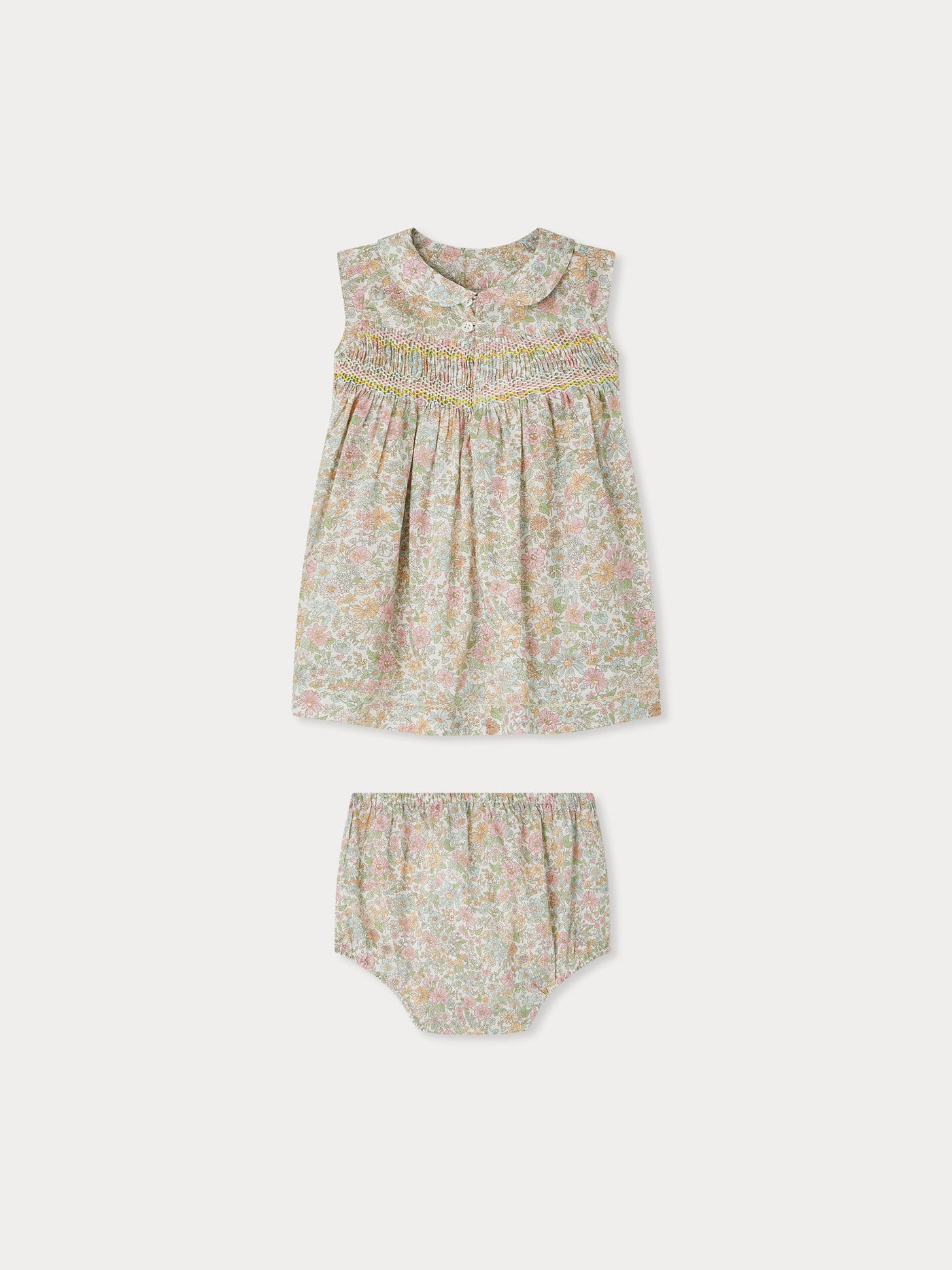 Eleanore smocked dress made with Liberty fabrics with bloomer