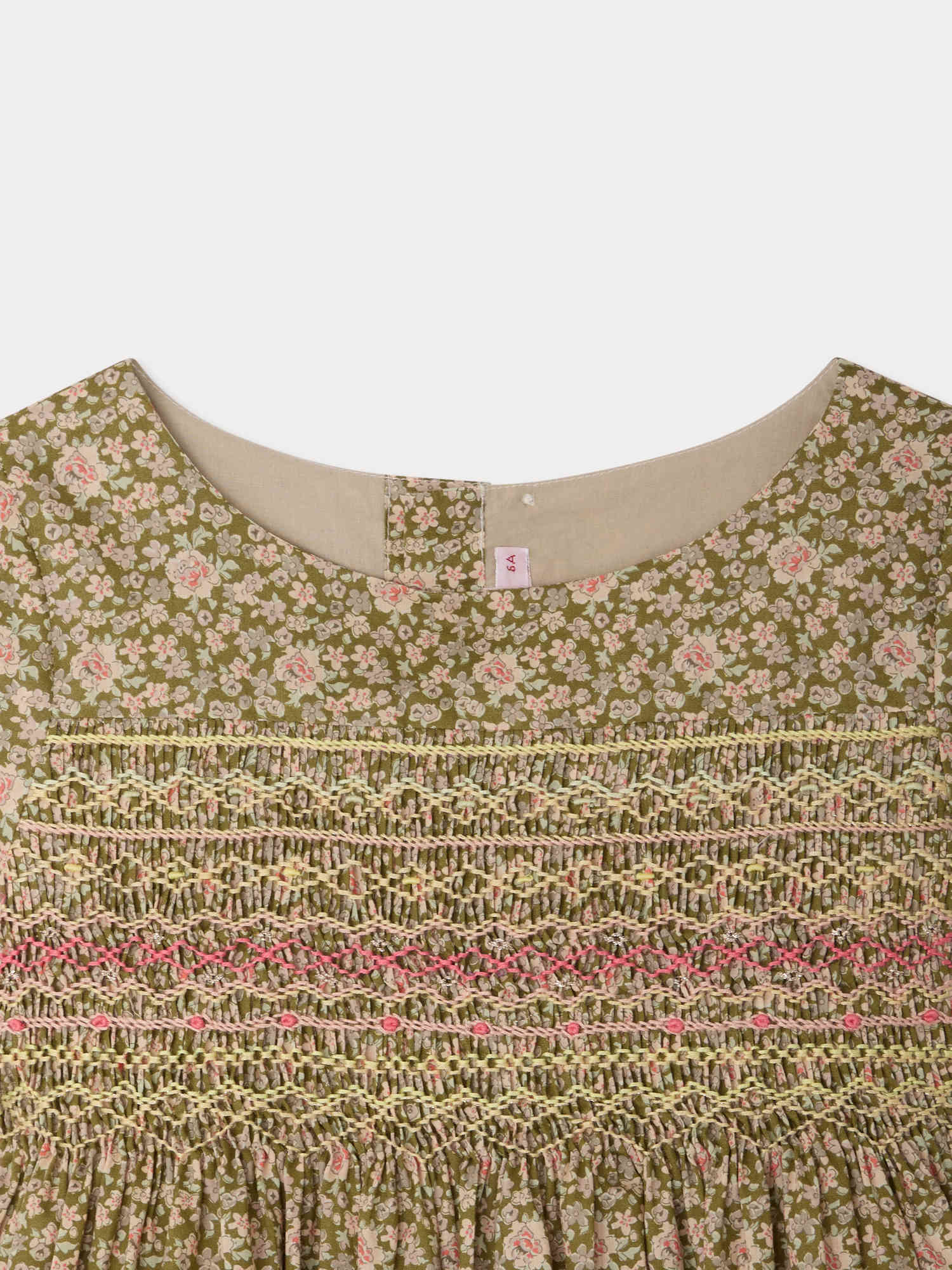 Duchesse dress smocked and hand-embroidered in Liberty organic