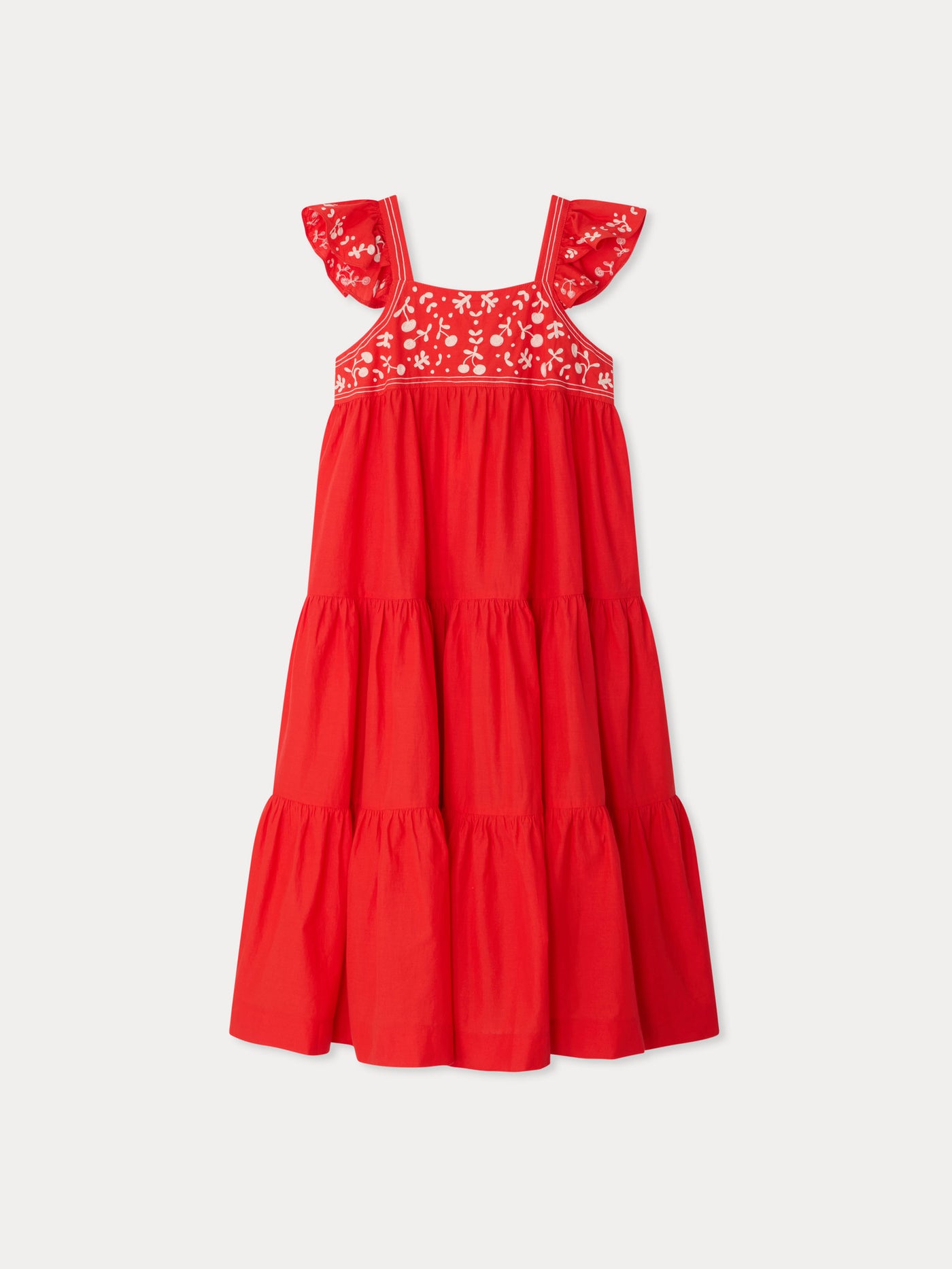Cora hand-embroidered dress with ruffles in organic cotton