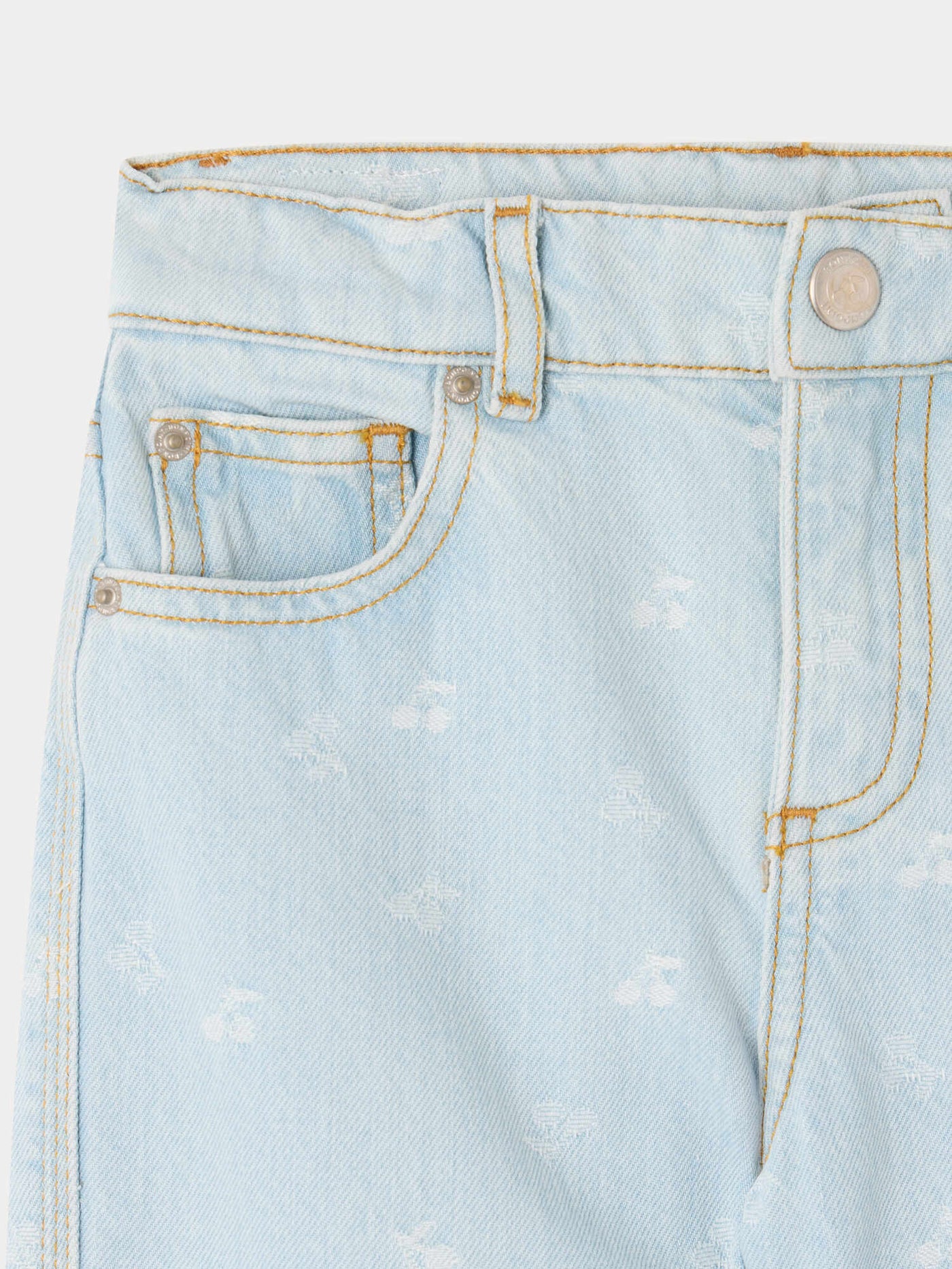 Eloha Jeanshose mit weit geschnittenem Bein und Kirschmotiv in Jacquard-Webung