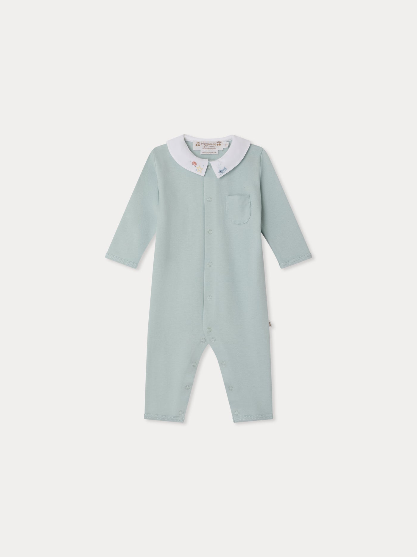 Pigiama Anton ricamato a mano con balene e conchiglie in cotone biologico