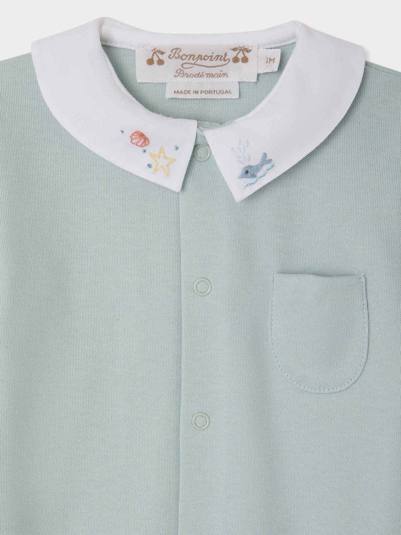 Pigiama Anton ricamato a mano con balene e conchiglie in cotone biologico