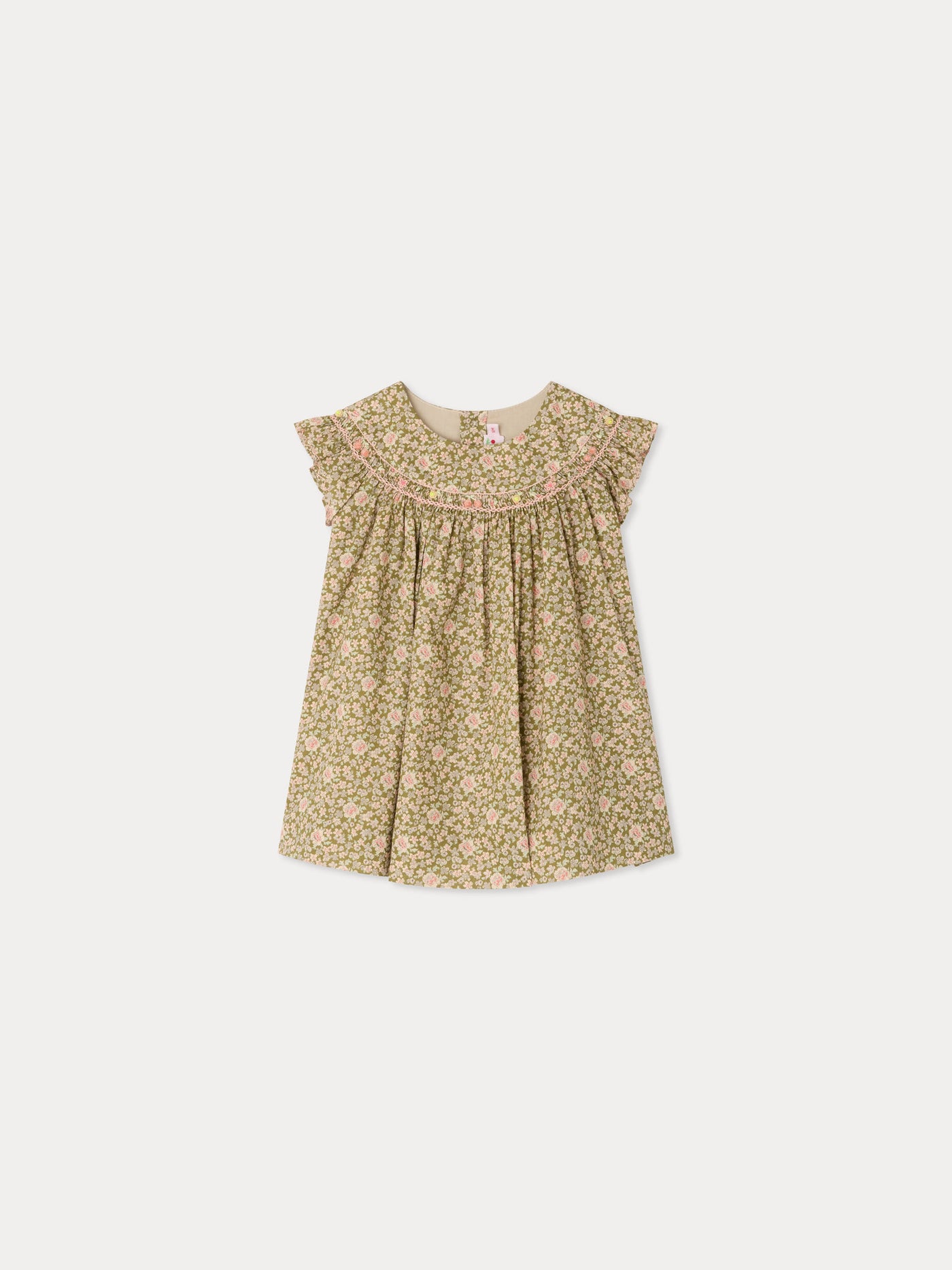 Amantine-Kleid gesmokt und handbestickt aus Bio-Baumwollstoff von Liberty