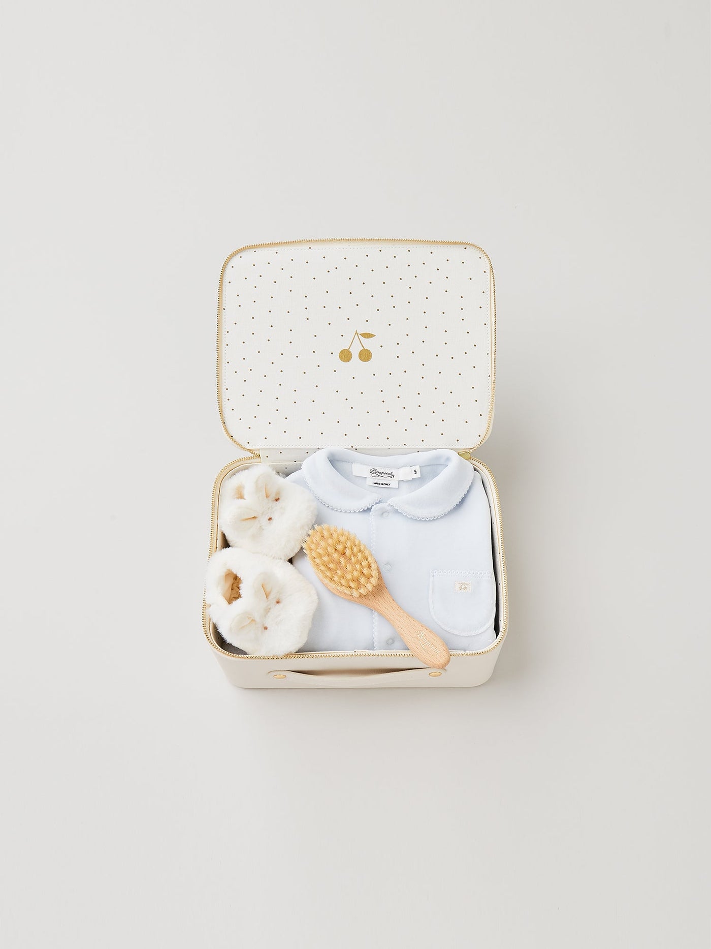 Mittelgroßer Koffer für neugeborene Jungen - Blauer Velours-Pyjama