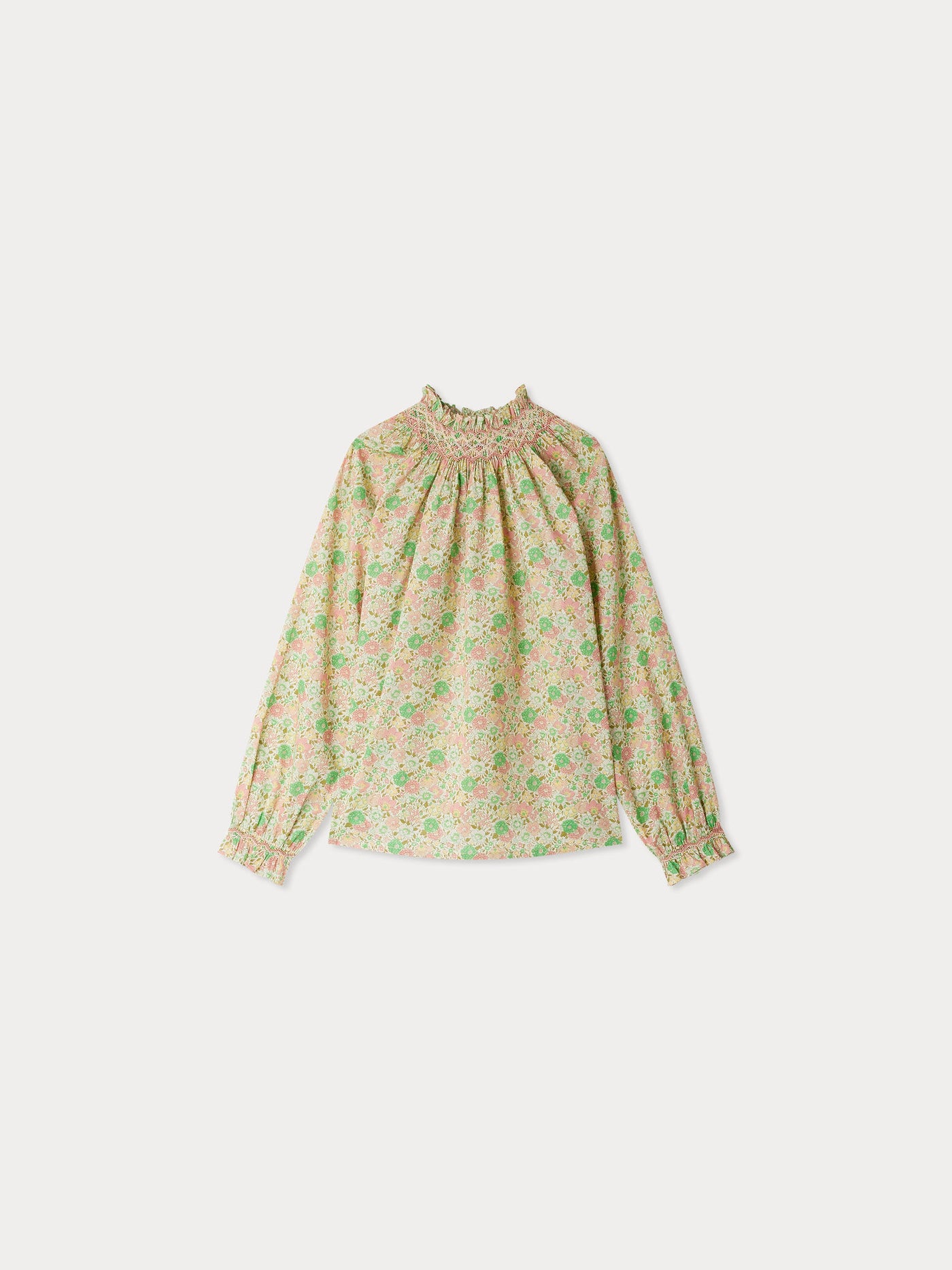 Blusa a petalo con smock e ricamo in tessuto Liberty in cotone biologico